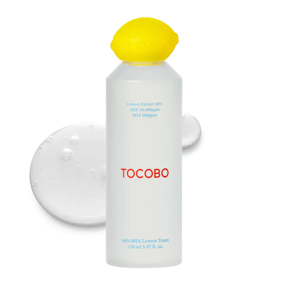 Tocobo AHA BHA Lemon Toner in clear bottle with yellow lemon-shaped cap