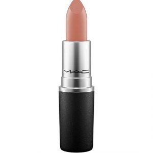 MAC Powder Kiss Lipstick in 605 Honeylove, a nude shade in a sleek black bullet with silver band