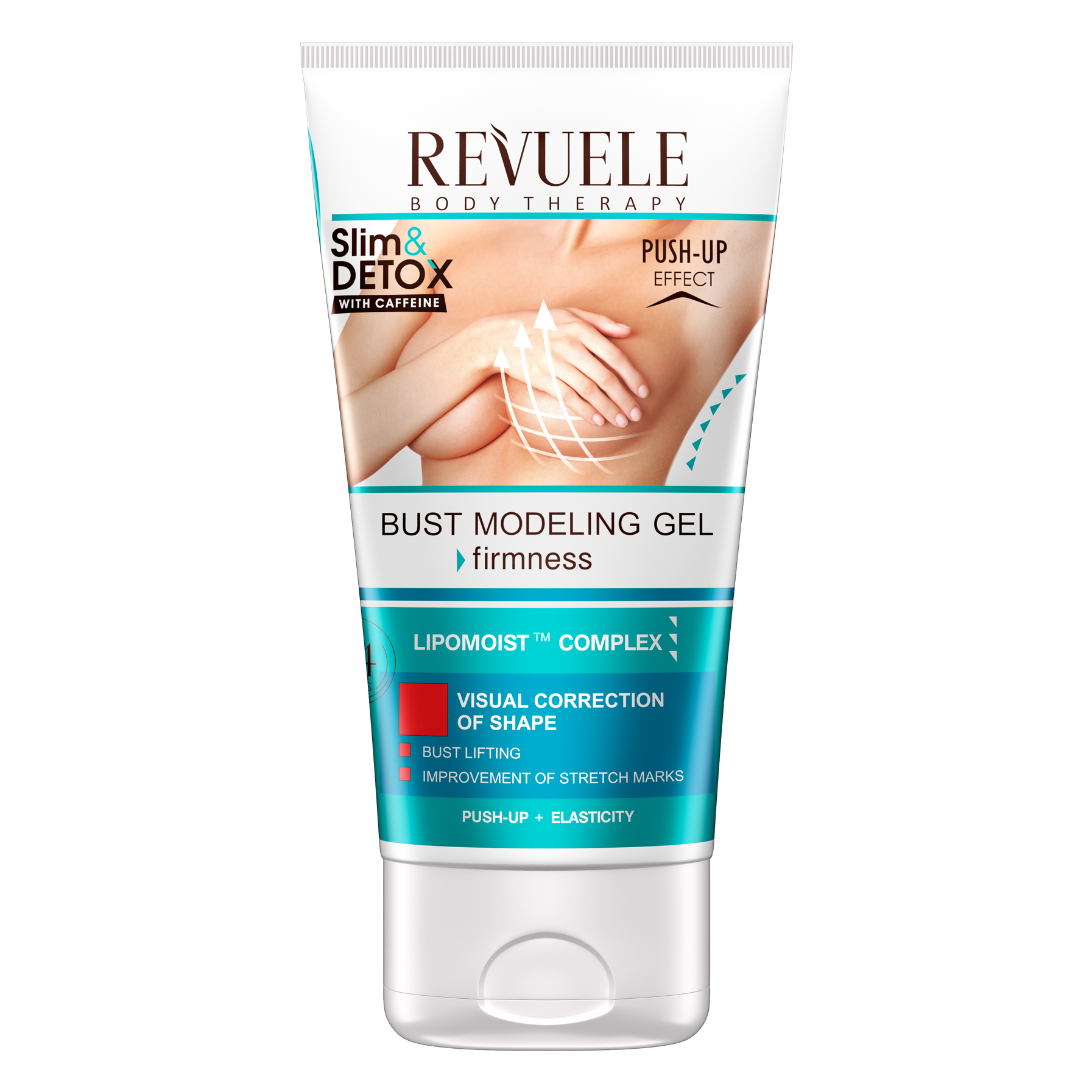 Revuele Slim & Detox Bust Modeling Gel 200 ml tube, white packaging with silver accents, placed next to a spa towel and green leaves