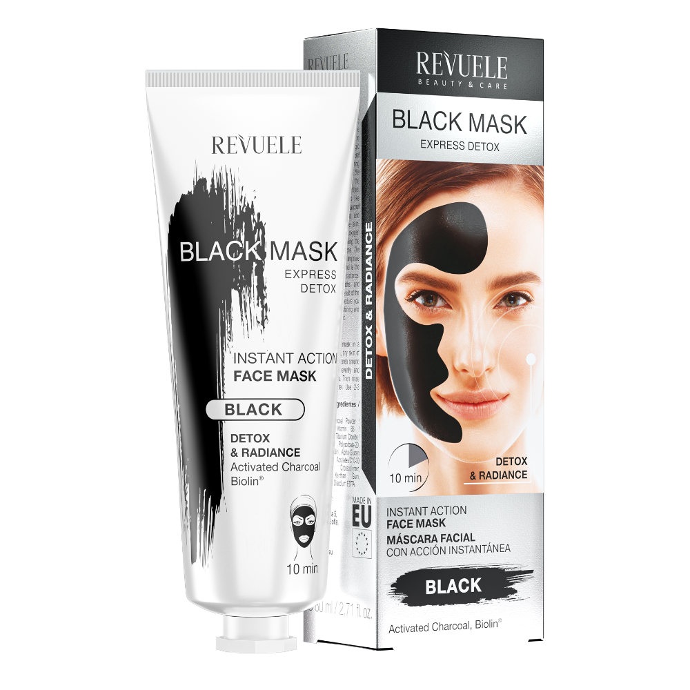 Individual holding tube of Revuele Black Mask, ready for a home skincare ritual