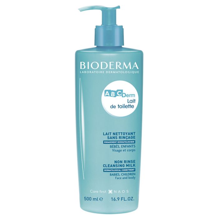 Bioderma ABCDerm Cleansing Milk baby wash in a white bottle with blue cap, 500ml size