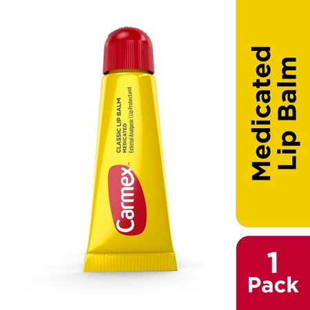 Carmex Medicated Lip Balm Tube 0.35 oz – squeezable white tube with red cap on clean background