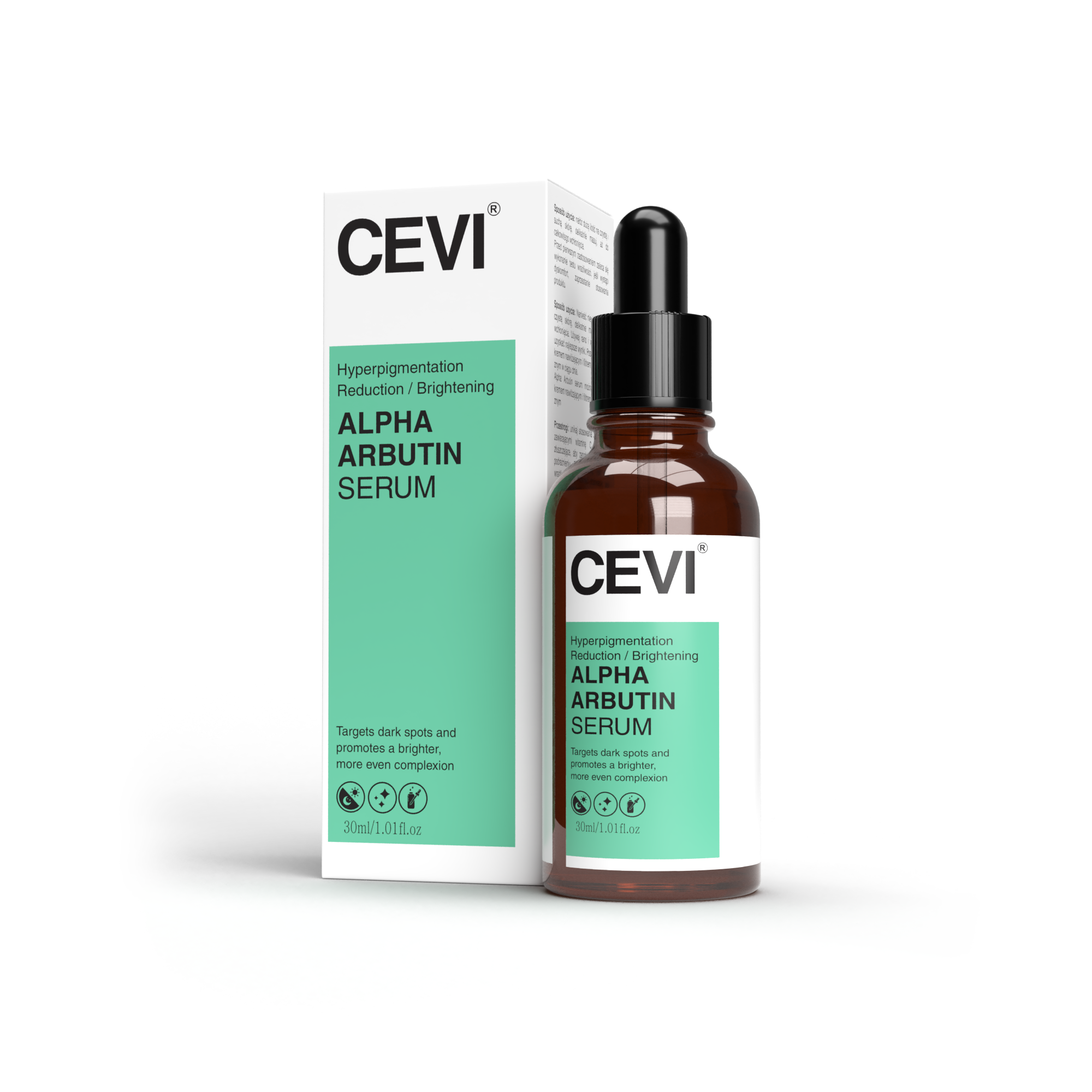 CEVI Alpha Arbutin Serum bottle in minimalist packaging, clear glass dropper visible