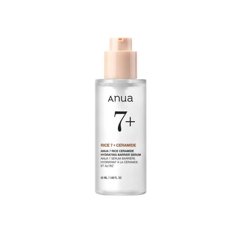 Anua 7 Rice Ceramide Hydrating Barrier Serum in a white and turquoise bottle with a dropper, 50 ml size, shown on a clean surface.
