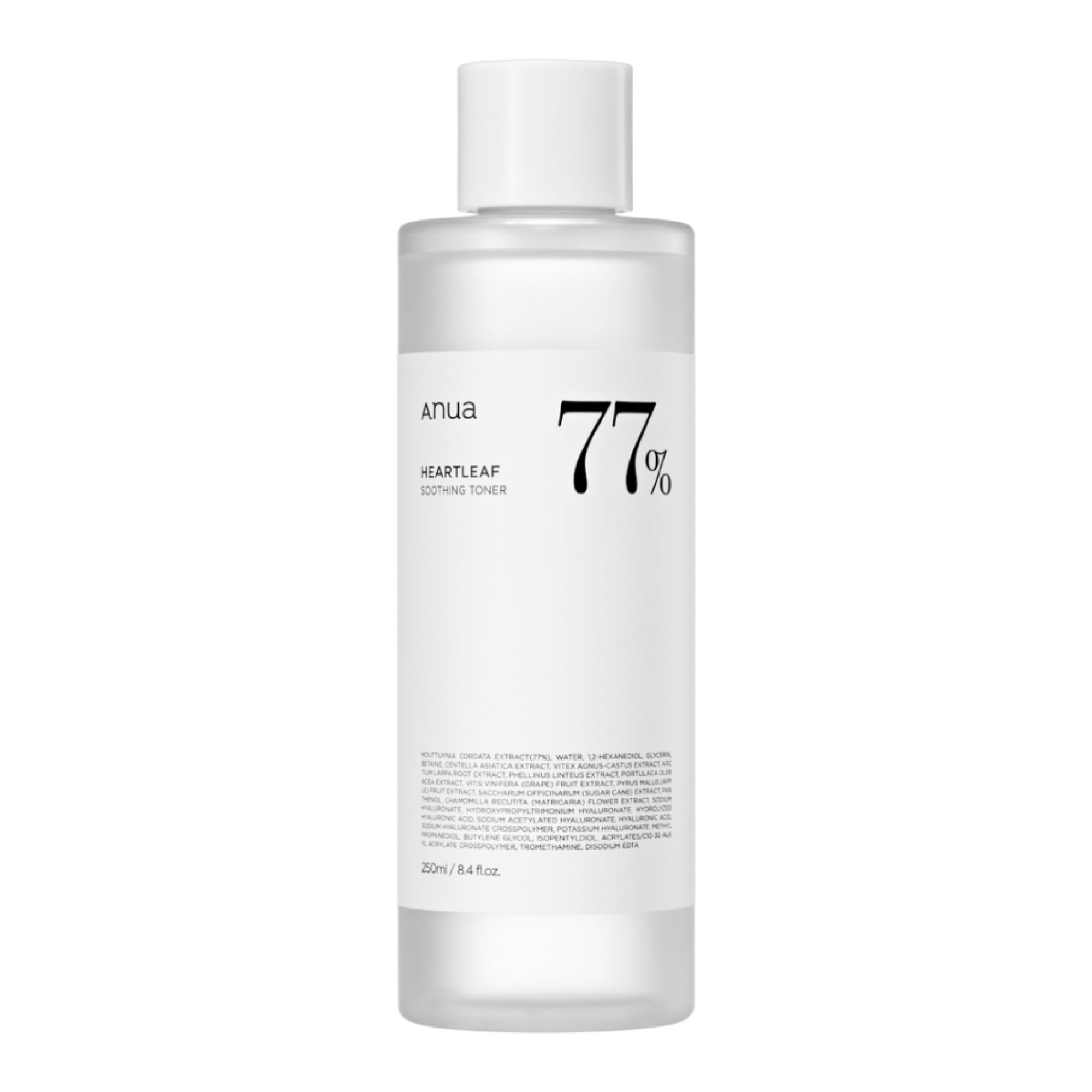 Anua Heartleaf 77% Soothing Toner in a transparent bottle with green cap, 250ml packaging