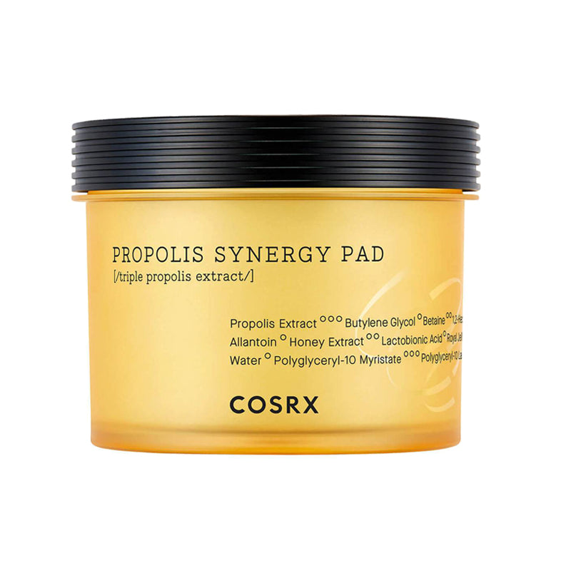 Cosrx Full Fit Propolis Synergy Pad jar packaging with gold lid and label