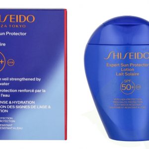 Shiseido Expert Sun Protector Face & Body Lotion SPF50+ in a white bottle with blue cap, 150 ml
