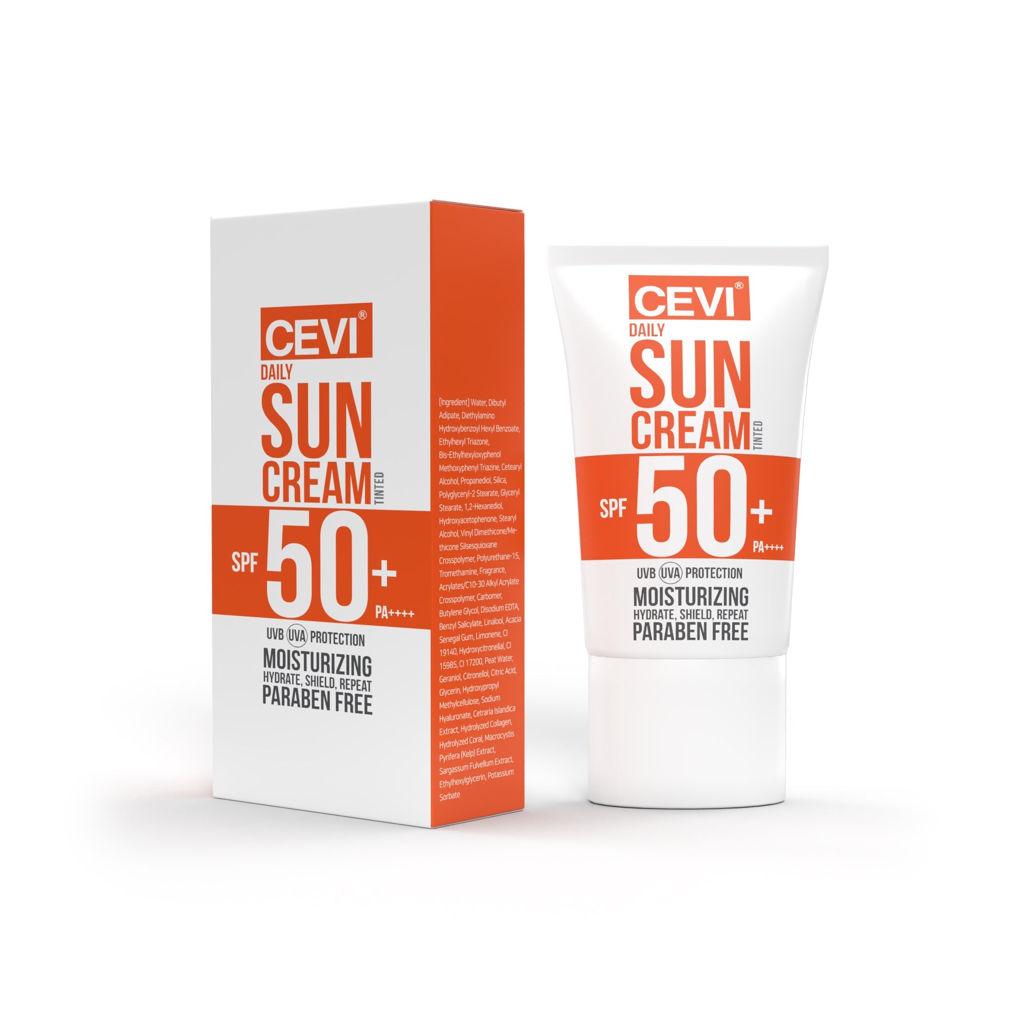 CEVI Daily Sun Cream SPF50+ Tinted 50ml tube on a white surface
