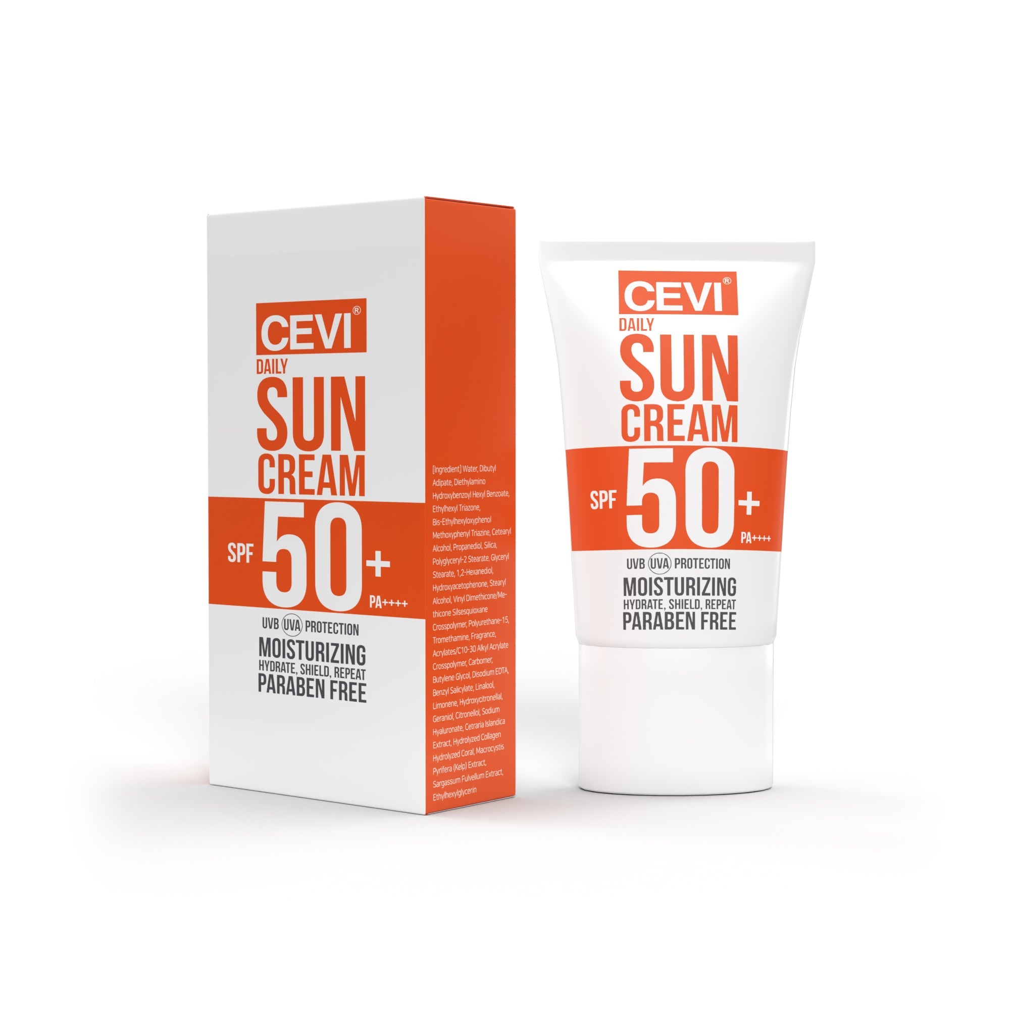 CEVI Daily Sun Cream SPF50+ Clear tube on white surface, clean minimalist packaging with blue and white label