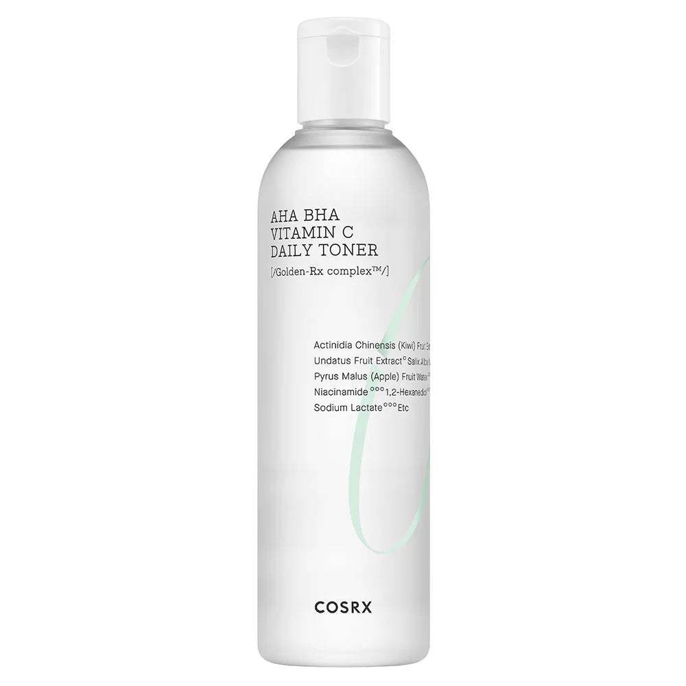 COSRX Refresh AHA BHA Vitamin C Daily Toner 150ml bottle on white background, minimalist packaging with white and black label