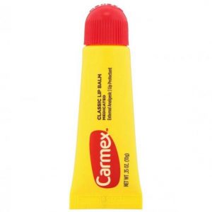 Carmex Classic Medicated Lip Balm squeezable tube packaging with blue and white label