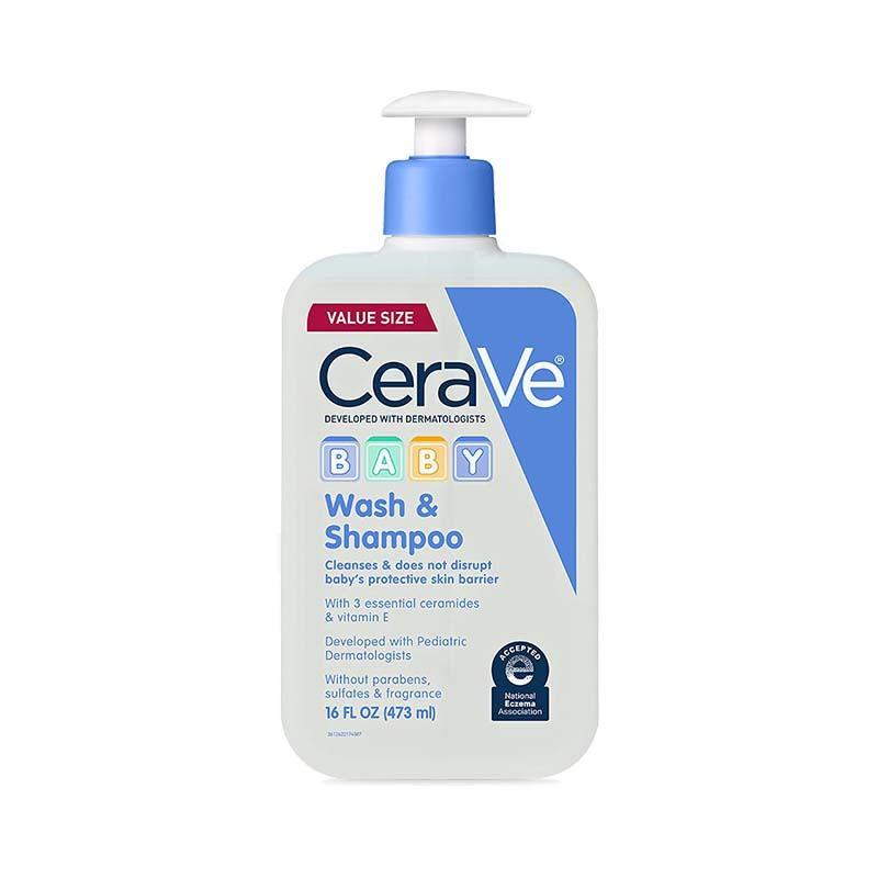 CeraVe Baby Wash & Shampoo in a white bottle with pump, 473ml, on a bathroom counter