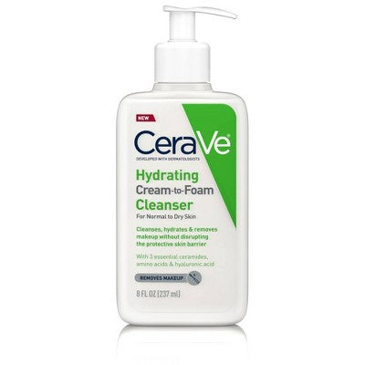 CeraVe Hydrating Cream to Foam Facial Cleanser 237ml white pump bottle on marble surface
