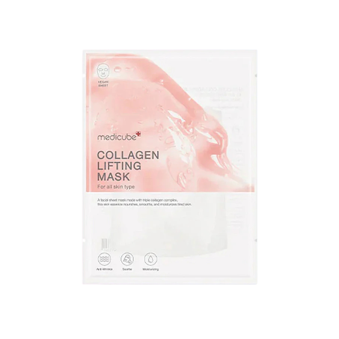 Close-up of Collagen Lifting Mask sheet glistening with serum, revealing a pearlescent finish