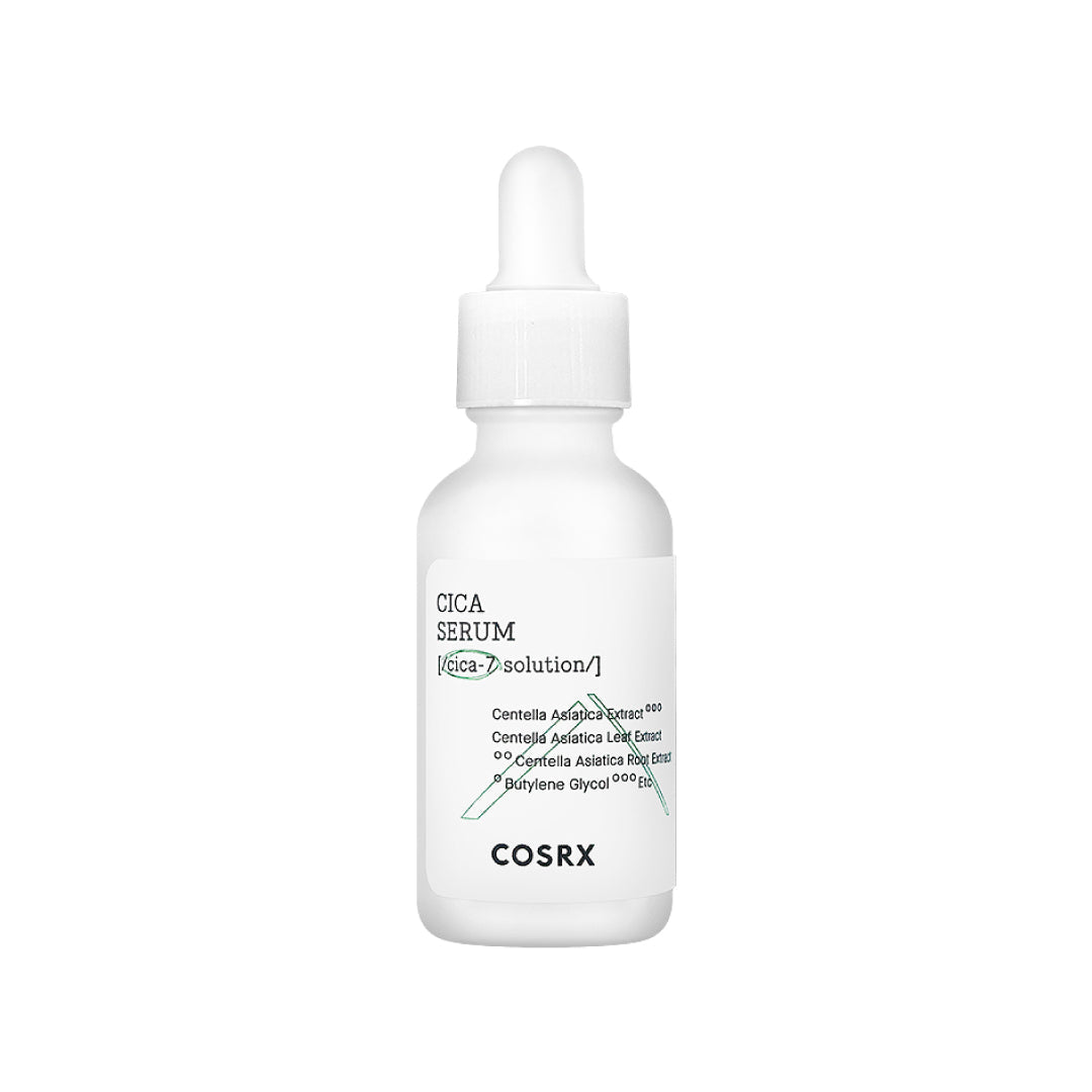 Cosrx Cica Serum in a white dropper bottle with minimal packaging, 30ml size
