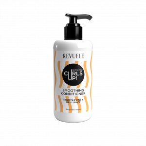 Revuele Curls Up Smoothing Conditioner 250ml white bottle with gold accents on a marble surface