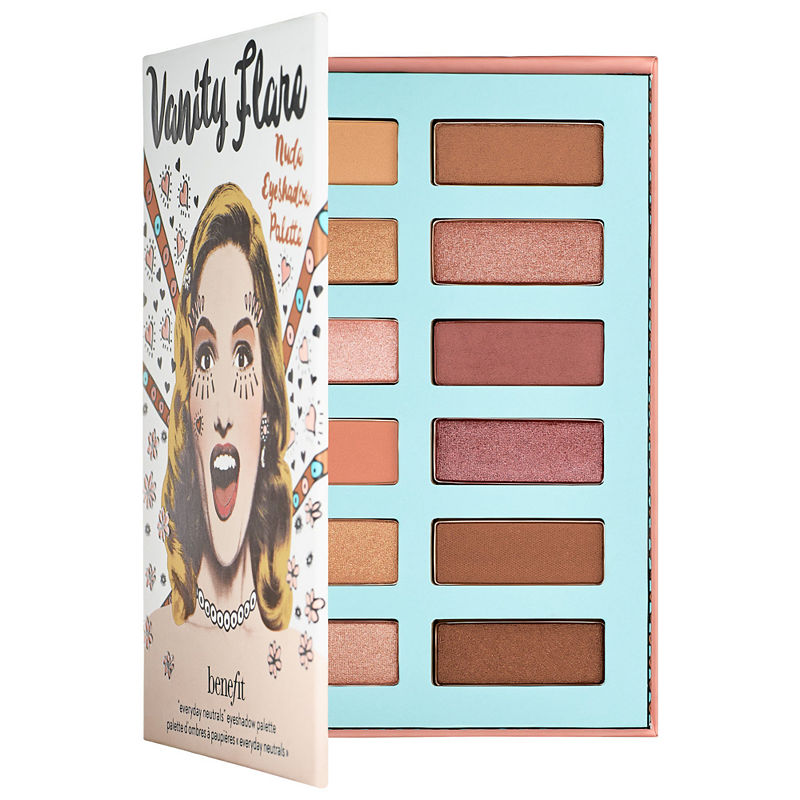 Benefit Vanity Flare Nude Eyeshadow Palette with 12 neutral matte, satin, and shimmer shades in a sleek mirrored compact