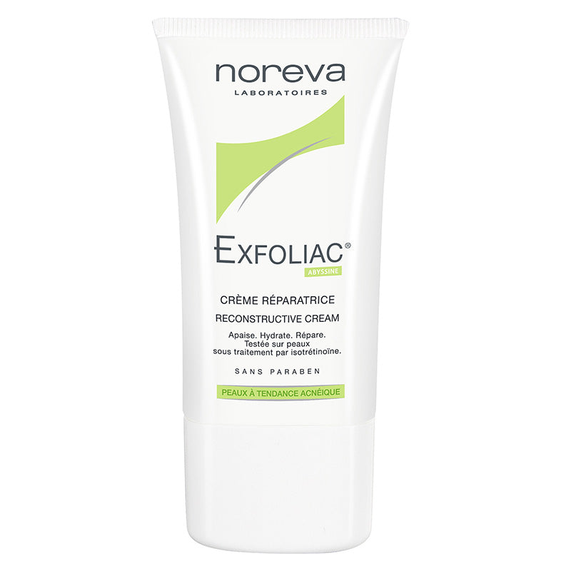 Noreva Exfoliac Reconstructive Cream 40ml white tube with blue cap on clean surface