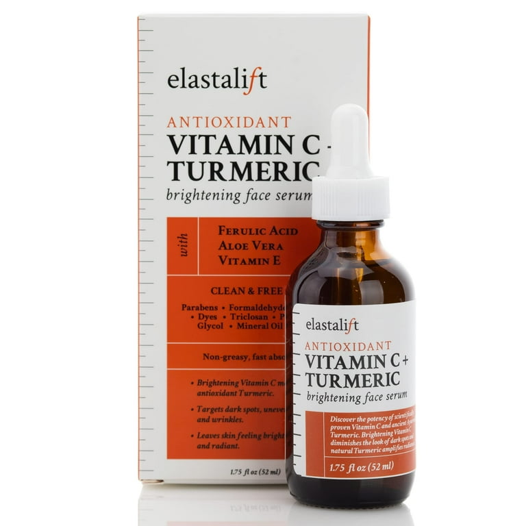 Elastalift Vitamin C Turmeric serum in a clear bottle with dropper against white background