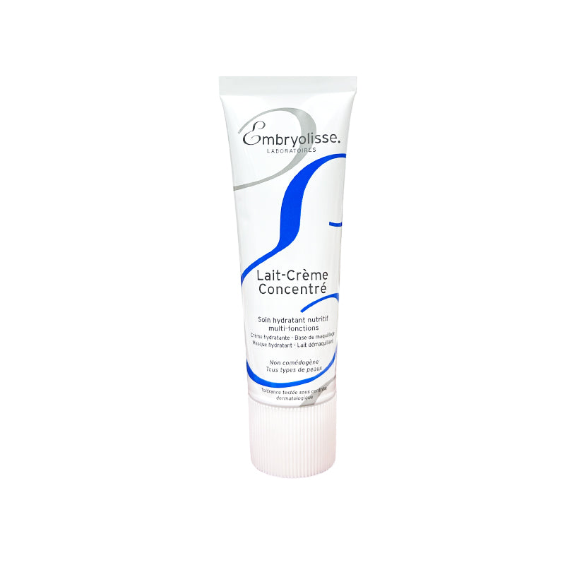 Embryolisse Lait-Crème Concentré 30ml - white tube with blue and green accents on a marble surface