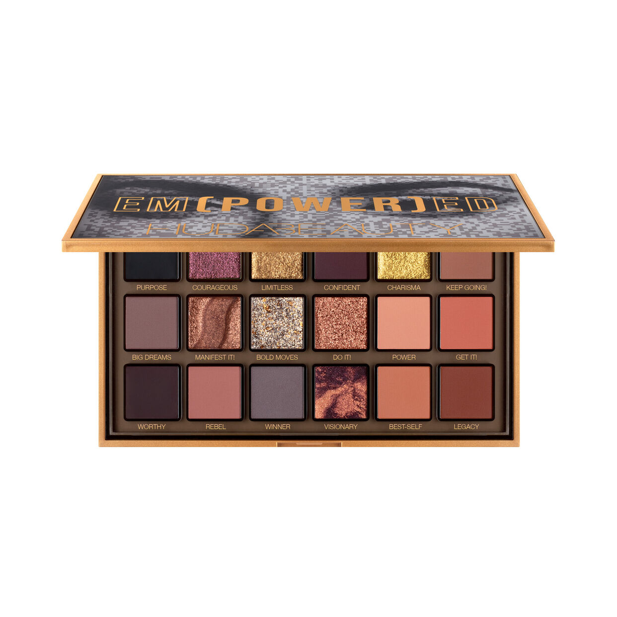 Huda Beauty Empowered Eyeshadow Palette outer packaging front view with gold and copper tones