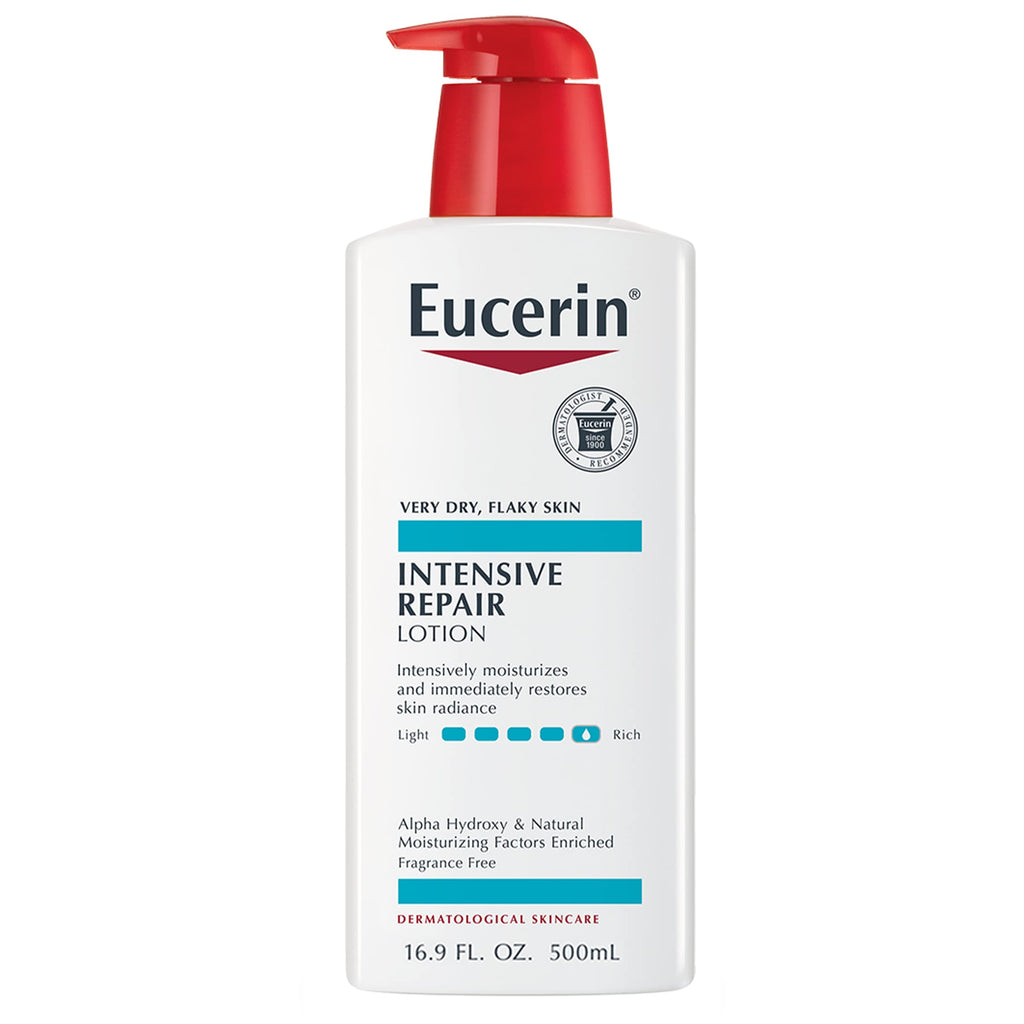 Open bottle of Eucerin lotion next to a towel, suggesting post-shower application routine