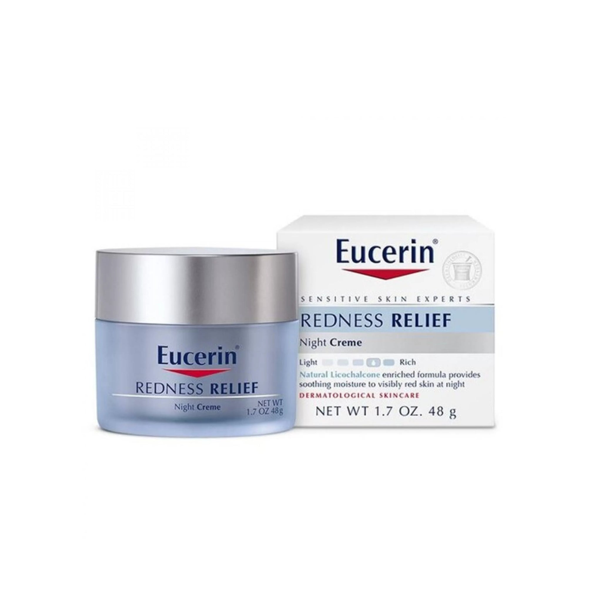Eucerin Redness Relief Night Creme 48ml jar with white cap on a clean surface