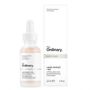 The Ordinary Lactic Acid 5% + HA serum in a 30ml dropper bottle against a white background