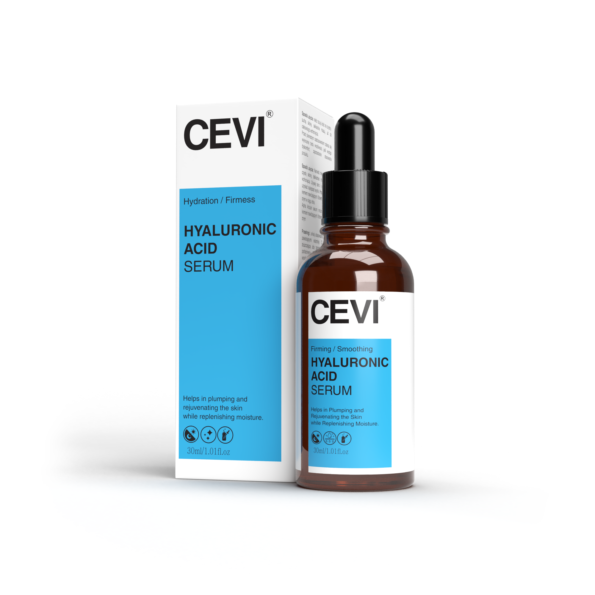 CEVI Hyaluronic Acid Serum bottle with dropper on a white surface, minimal packaging