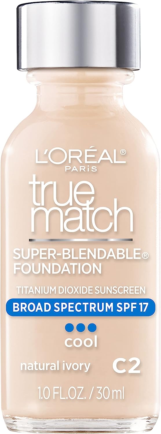 L'Oréal Paris True Match Super-Blendable Liquid Foundation in shade Natural Ivory C2, 30ml bottle with black cap on white background