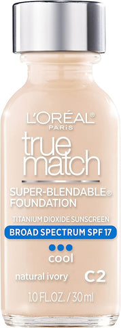 Close-up of L'Oréal Paris True Match foundation bottle showing the shade name Natural Ivory C2 and product details