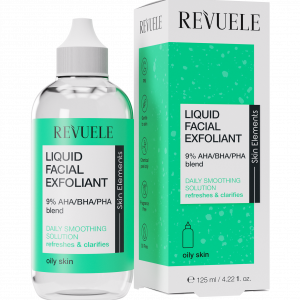 Revuele Clarifying Liquid Exfoliant 125ml bottle with dropper cap, standing on a white surface