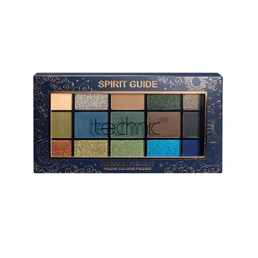 Technic Spirit Guide eyeshadow palette open showing six pressed pigment shades from warm browns to cool aqua blue