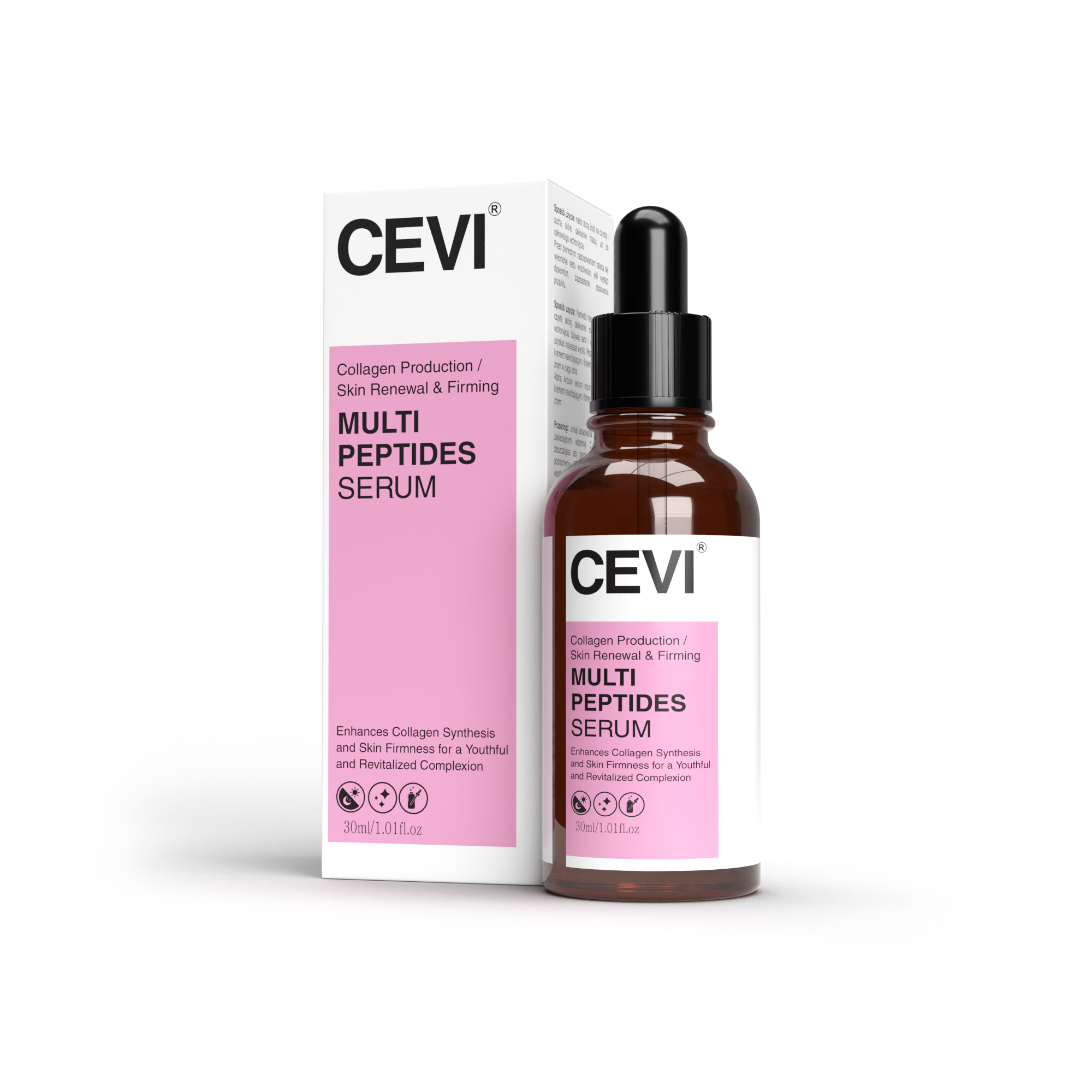 CEVI Multi Peptides Serum in a sleek glass bottle with amber liquid