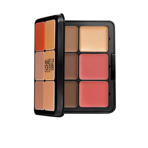 Close-up of the palette showing foundation, contour, and blush pans in coordinated neutral tones