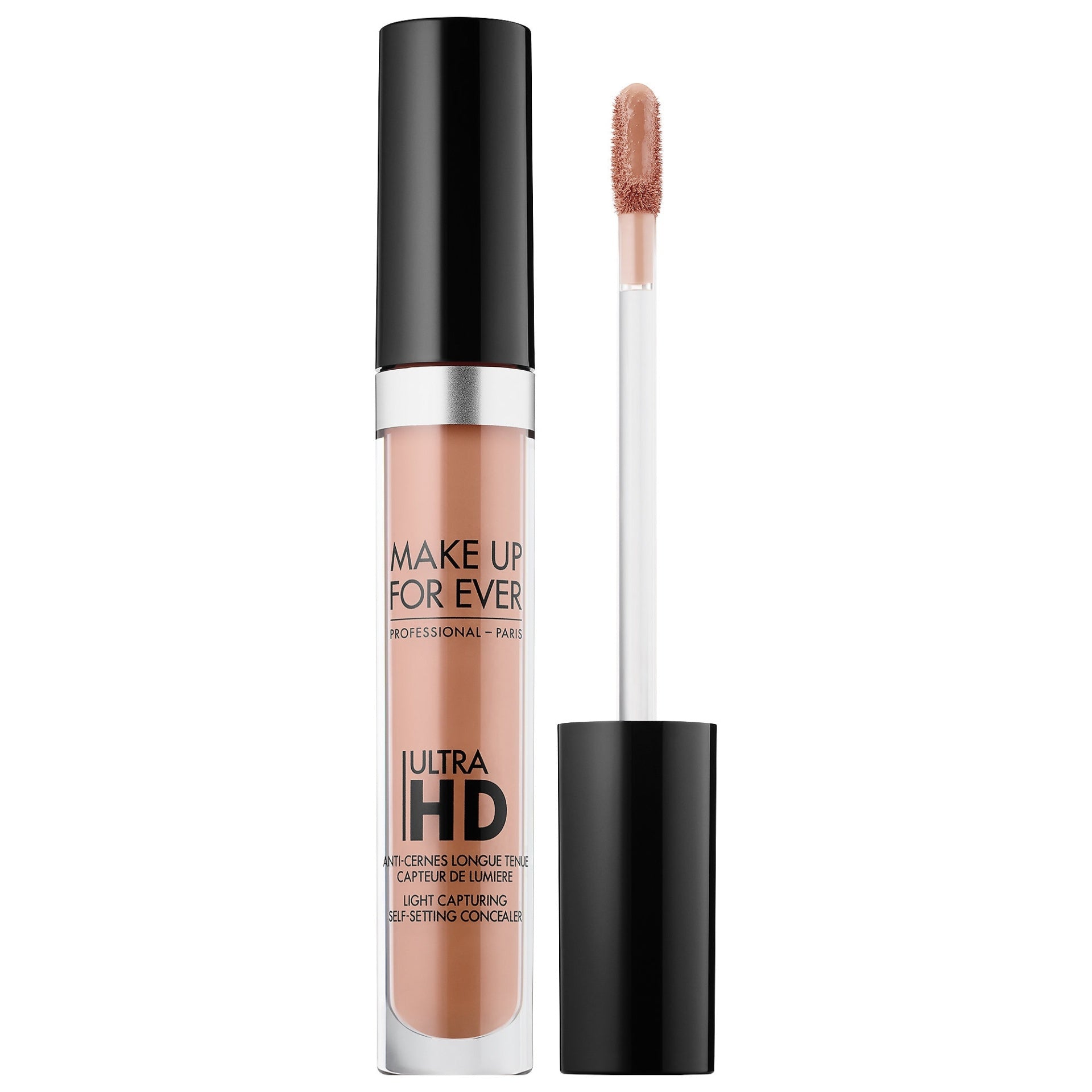 Make Up For Ever Ultra HD Self-Setting Concealer in shade No.41, 5ml tube with doe-foot applicator on white background
