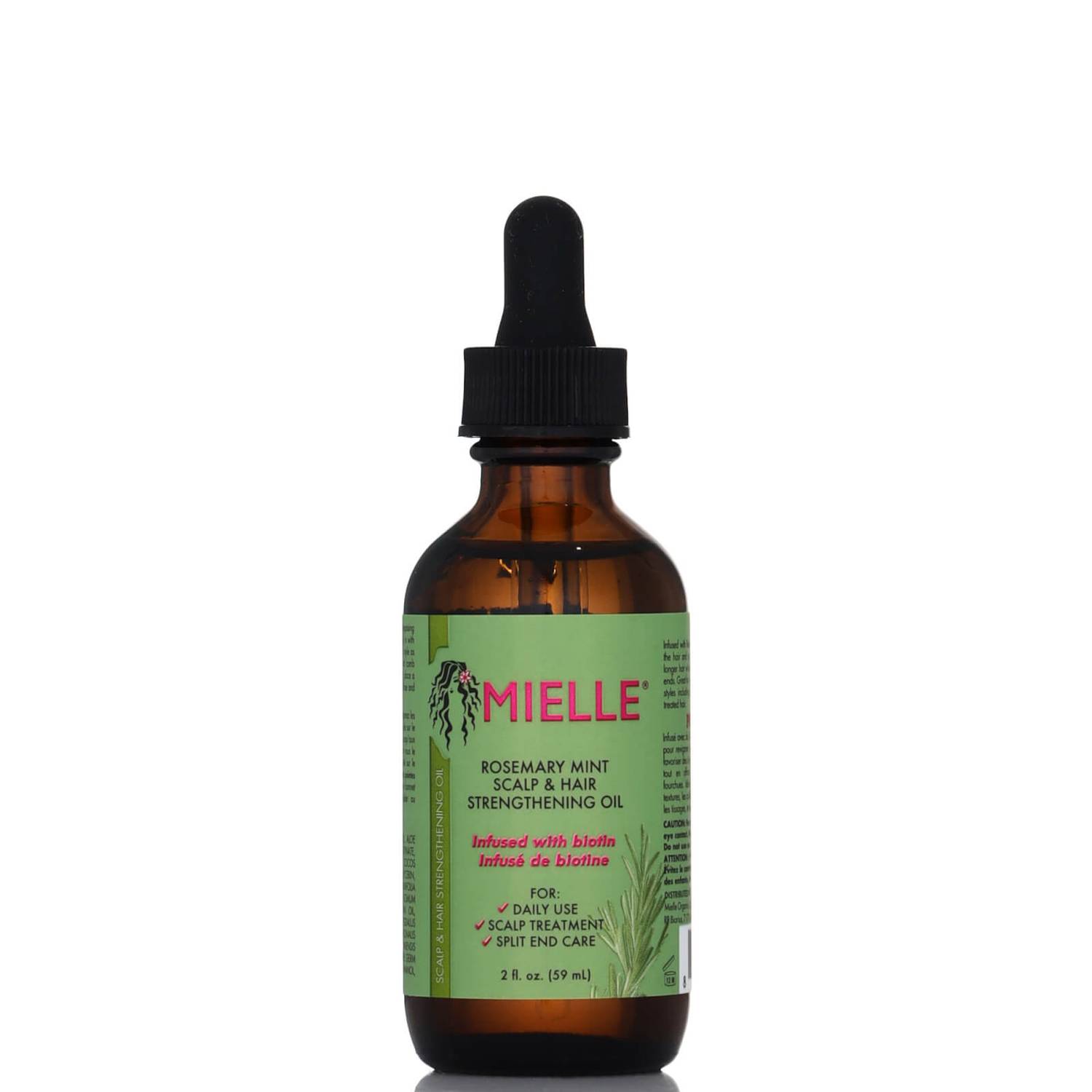 Mielle Organics Rosemary Mint Strengthening Oil in a dark glass bottle with label, 59 ml