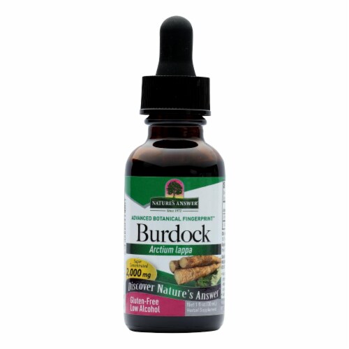 Close-up of Nature's Answer Burdock Root Extract label showing ingredients and dosage