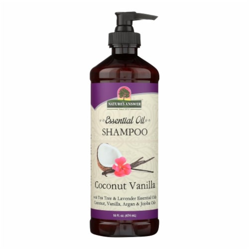 Nature's Answer Essential Oil Coconut Vanilla Shampoo in a clear plastic bottle with green label, 474ml, on a marble bathroom shelf