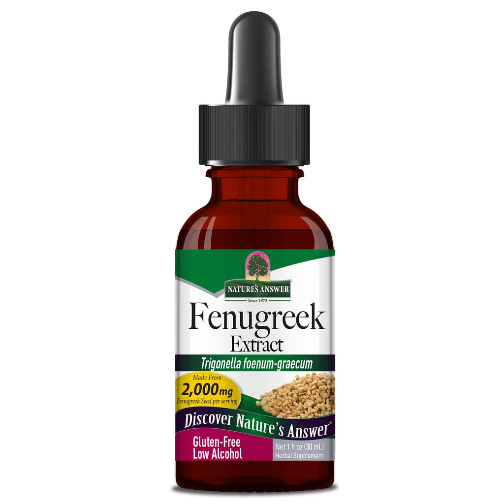 Close-up of NATURE'S ANSWER FENUGREEK label on a 30ml amber bottle