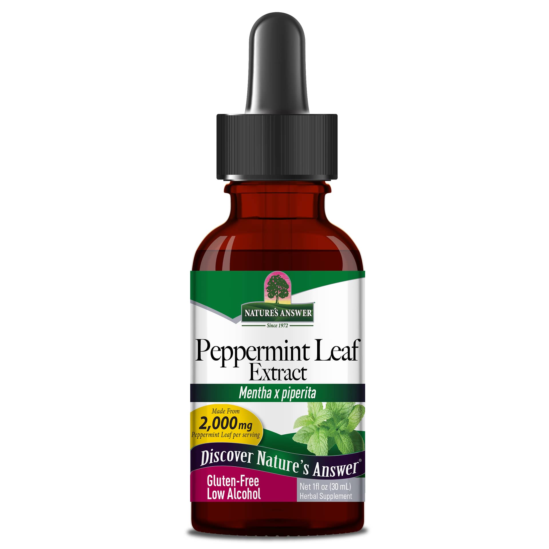 Nature's Answer Peppermint Leaf Extract 30 ml glass bottle with dropper on white background