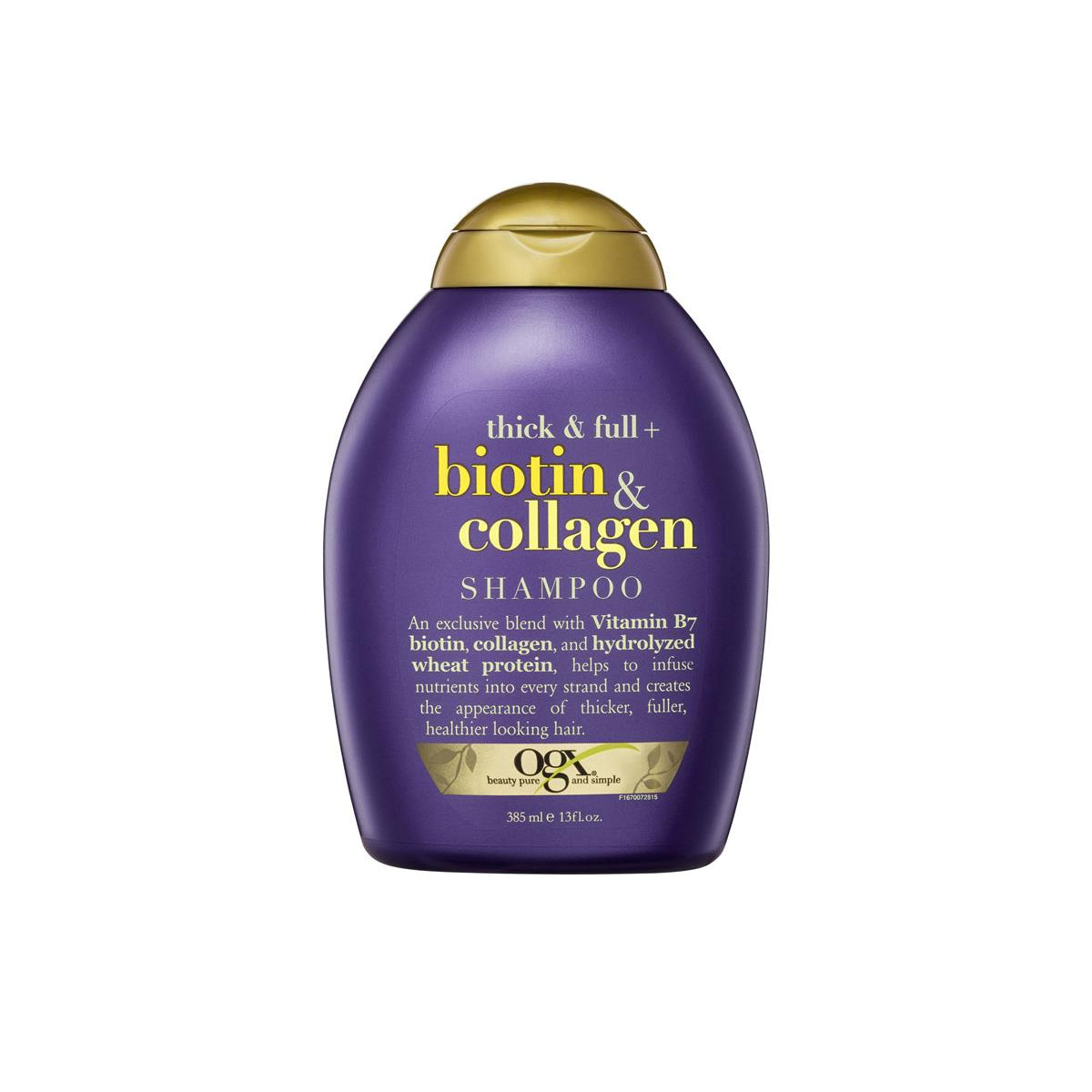 Ogx Biotin & Collagen Shampoo in a white bottle with pink and silver label, 385ml size