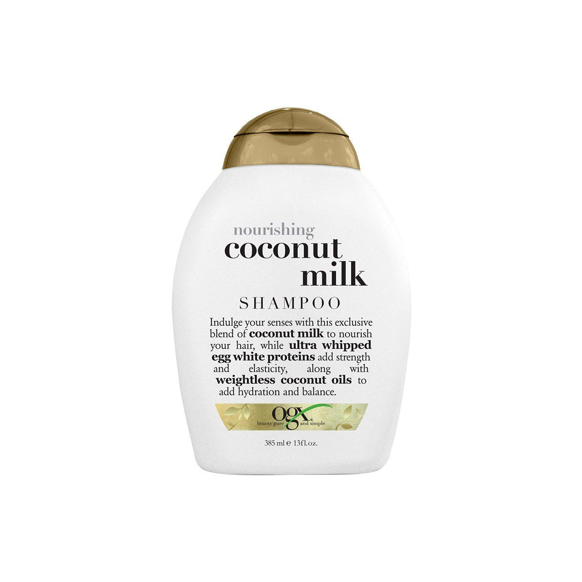 Ogx Nourishing Coconut Milk Shampoo in a white bottle with coconut illustration, 385ml size against a neutral backdrop