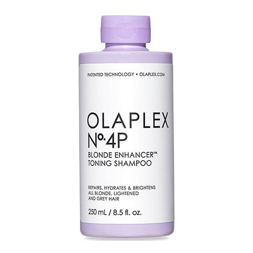 Olaplex No.4P Blonde Enhancer Toning Shampoo in a 250ml purple bottle against a white background
