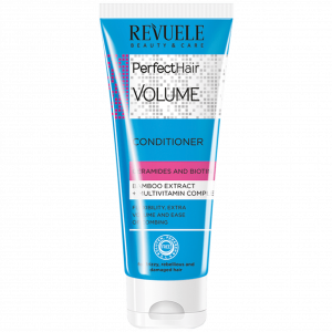 Revuele Perfect Hair Volume Conditioner 250ml bottle, white and blue packaging, on a marble surface