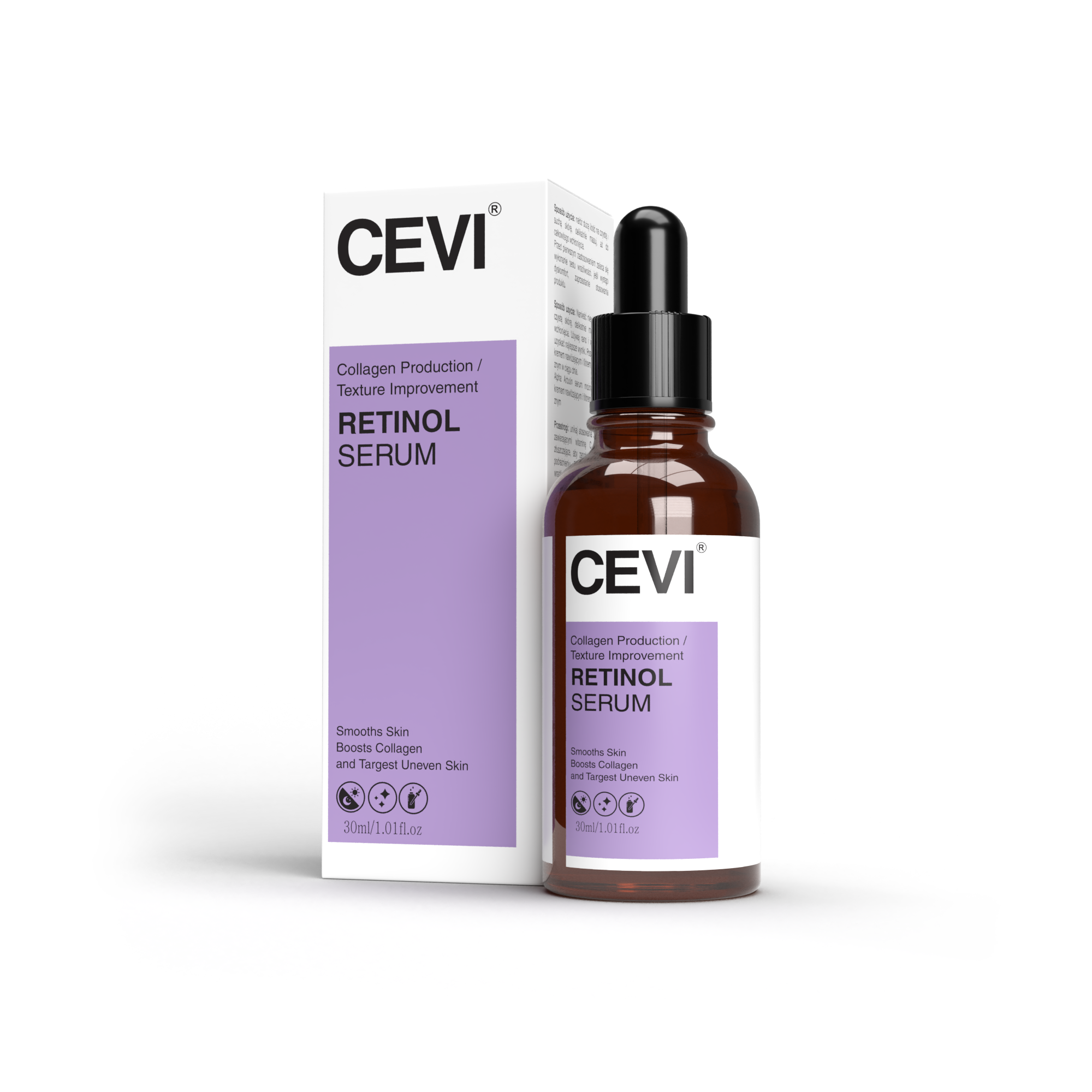 CEVI Retinol Serum bottle in minimalist packaging, amber glass dropper against white background