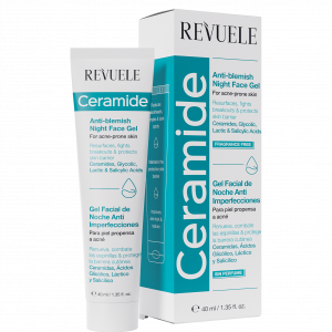 Revuele Ceramide Anti-blemish Night Face Gel in a white and green tube, 40ml size, against a minimalist background