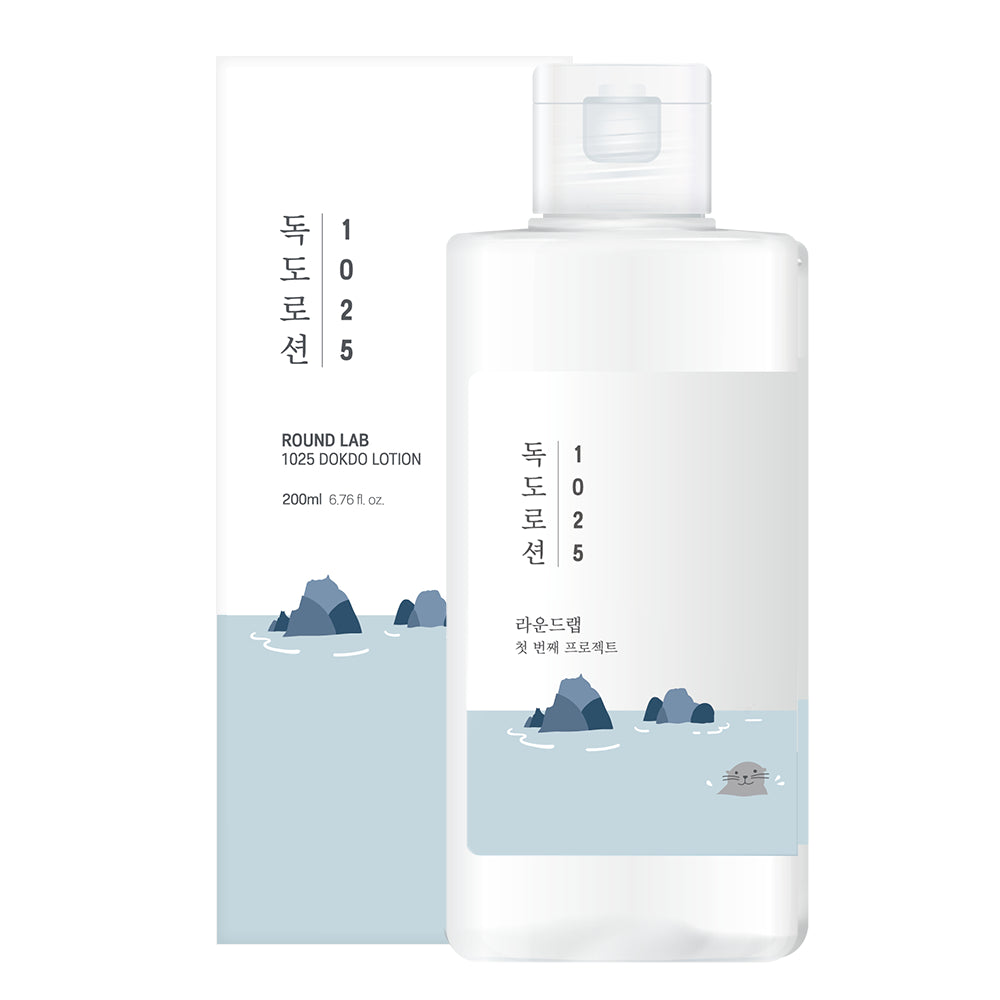 White bottle of ROUND LAB 1025 Dokdo Lotion 200ml with minimalist label, a hydrating lotion for sensitive skin
