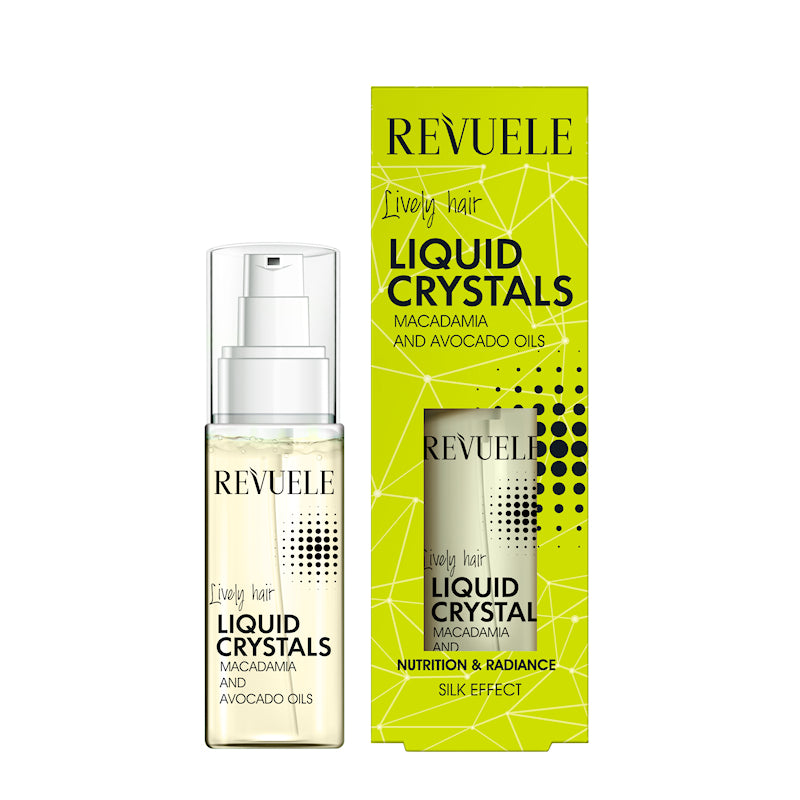 Revuele Liquid Crystals Maca & Avo 50ml hair oil bottle on a white surface, clear formula visible through glass