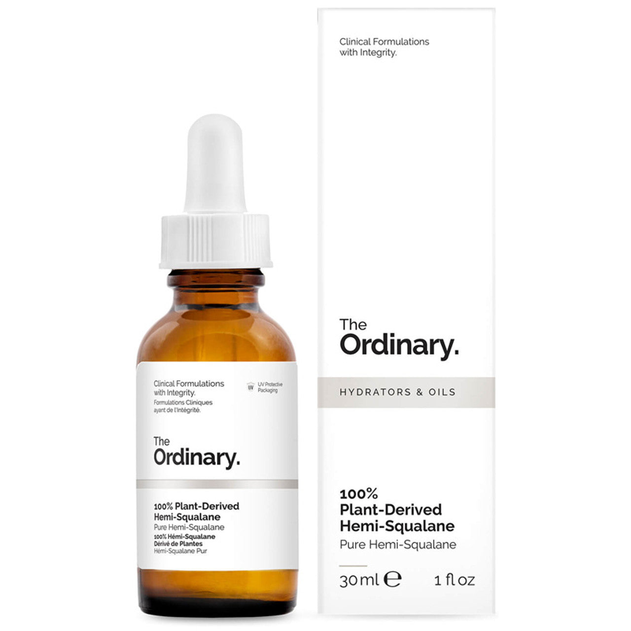 The Ordinary Hemi-Squalane 30ml bottle with dropper on white background